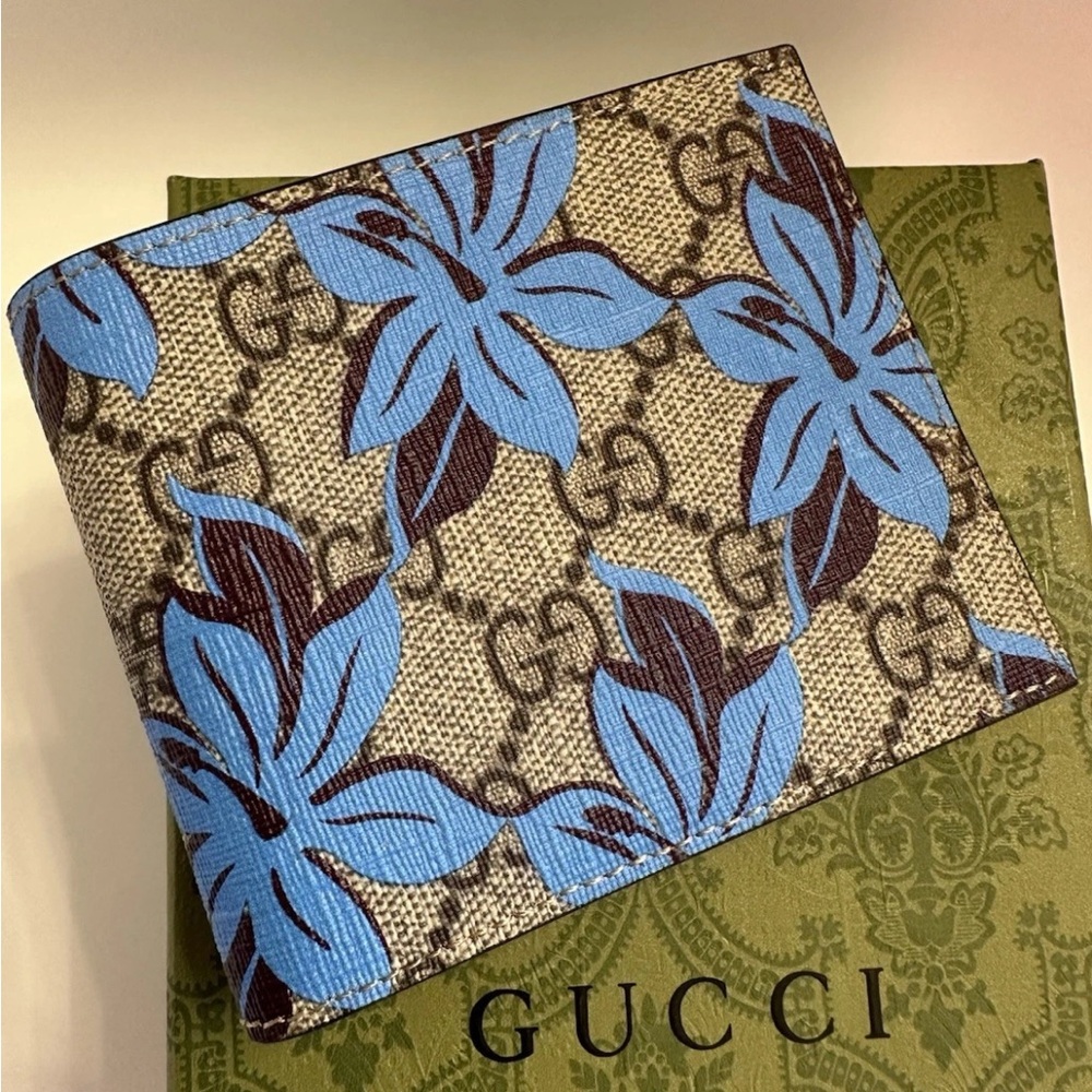Gucci Beige and Blue Floral Canvas Monogram Wallet